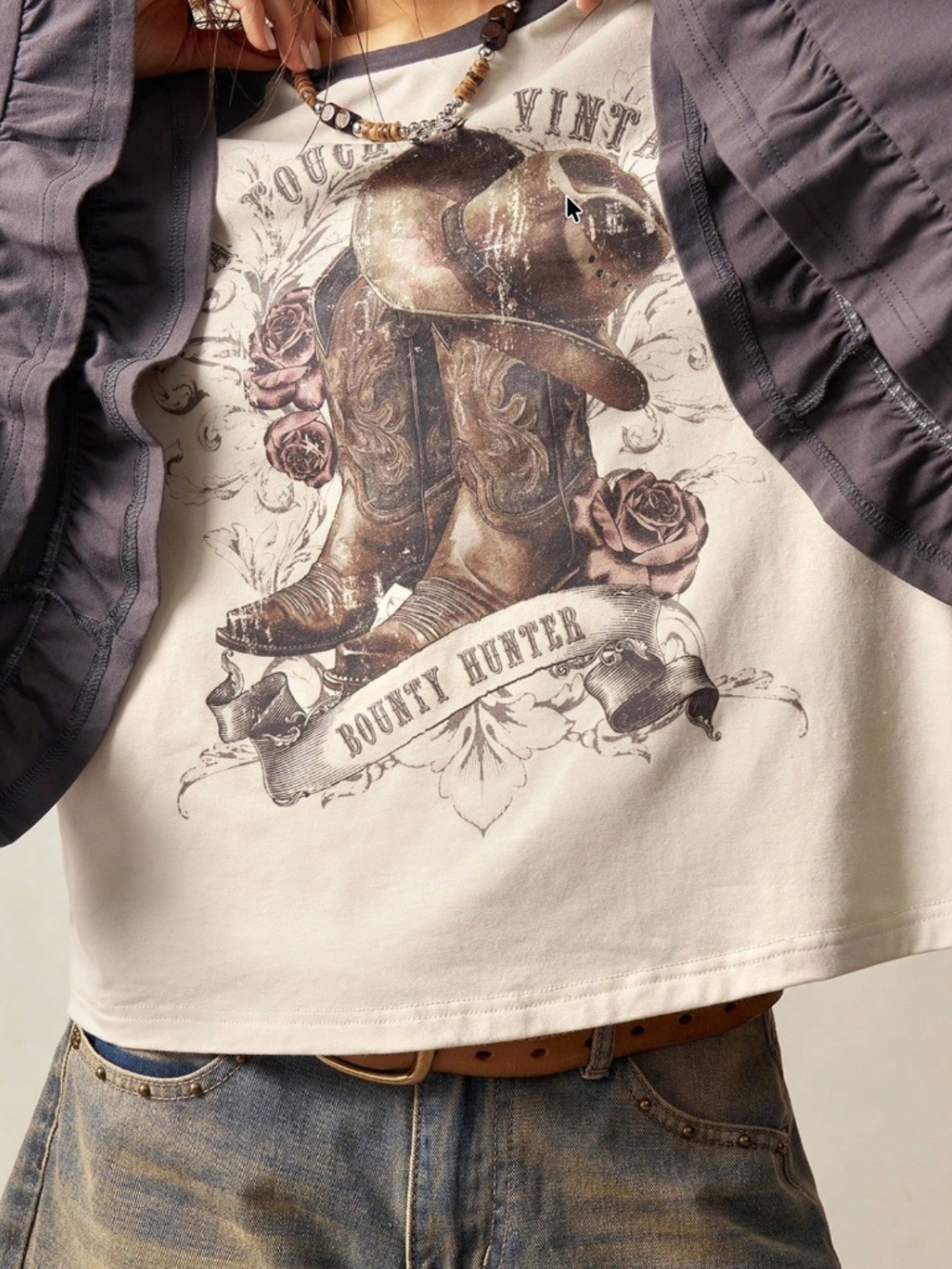 Western Cowboy Hat Floral Print Bell Sleeve Cotton Top - Picture 4 of 7